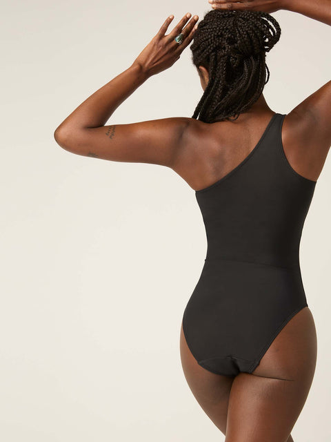Modibodi Recycled Swimwear One Shoulder One Piece Black Light-Moderate |ModelName:Amy 10/S