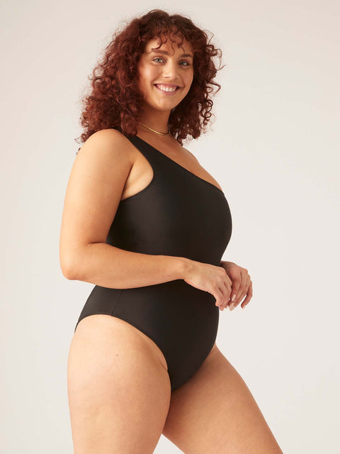 Modibodi Recycled Swimwear One Shoulder One Piece Black Light-Moderate |ModelName:Maddy 16/XL