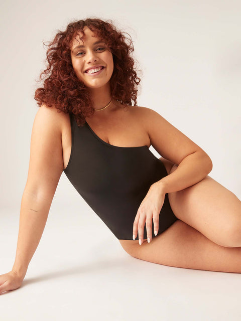 Modibodi Recycled Swimwear One Shoulder One Piece Black Light-Moderate |ModelName:Maddy 16/XL