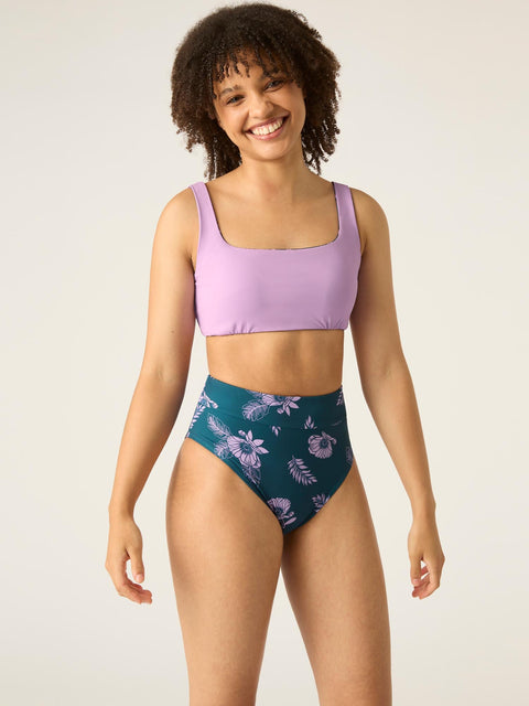 Reversible Recycled Swimwear Crop Top Midnight Tropic Print / Lavender |ModelName: Crystal 8/XS