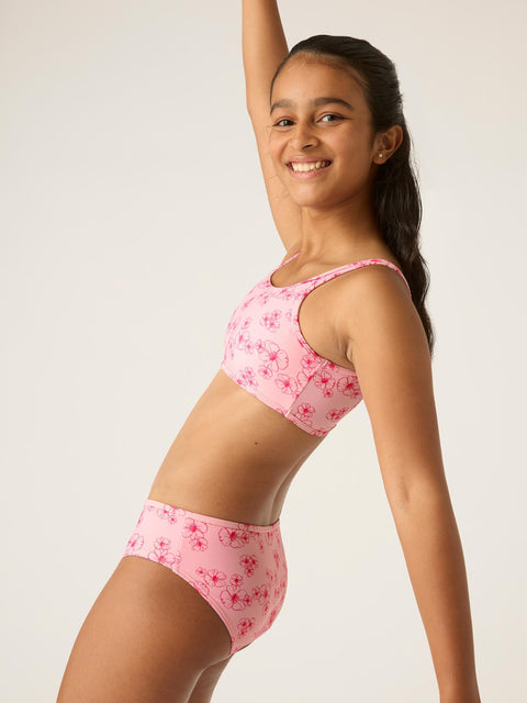 Modibodi Swimwear Bikini Brief Light-Moderate Hibiscus Pink Print |ModelName: Mahika Youth Y8-10