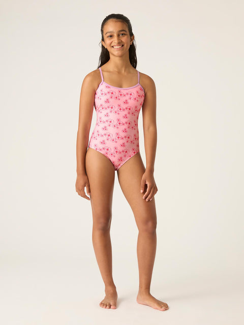 Teen Swimwear Open-back One Piece Light-Moderate Hibiscus Pink Print |ModelName: Mahika 8-10Y